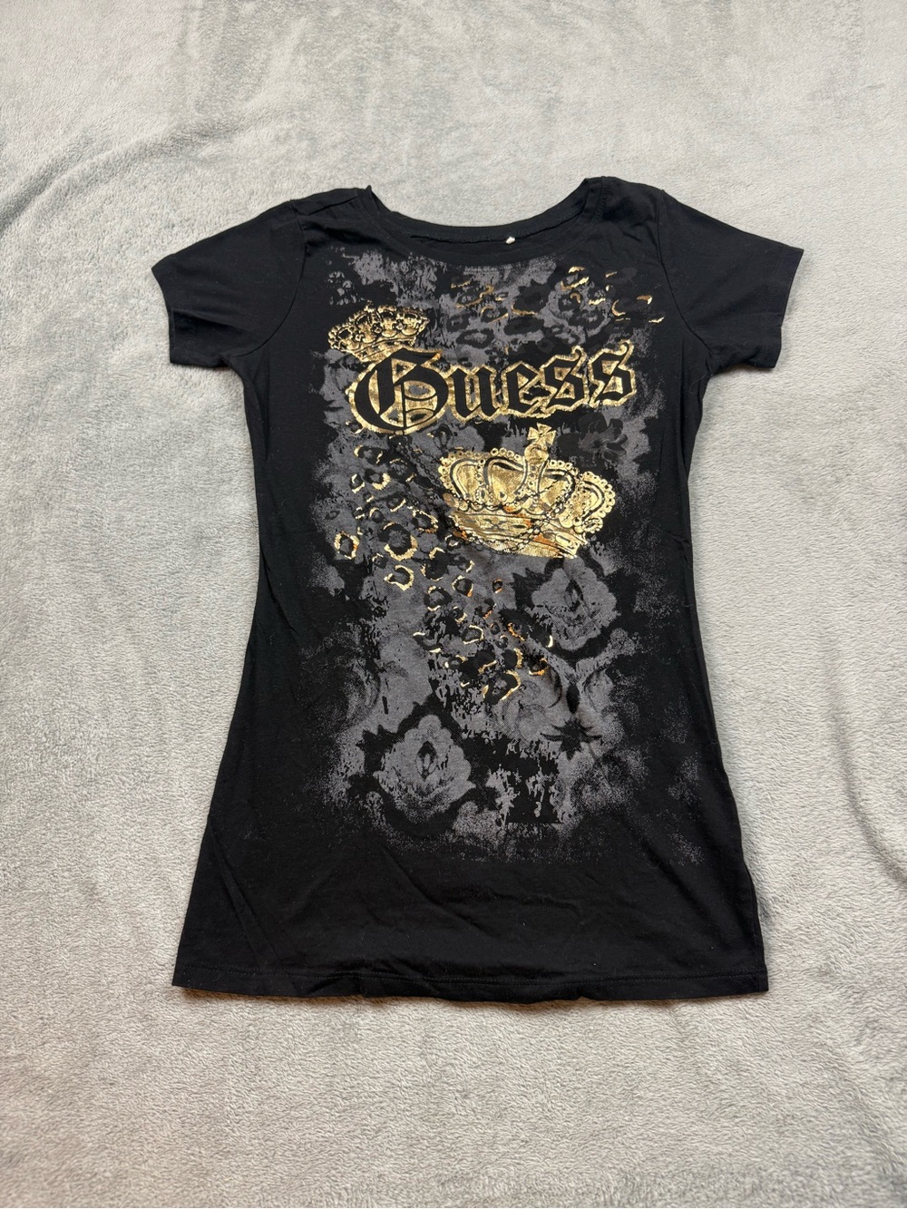 Y2K Guess Black Shirt Crown Gold Foil Print Shirt McBling Chic Style Size Small